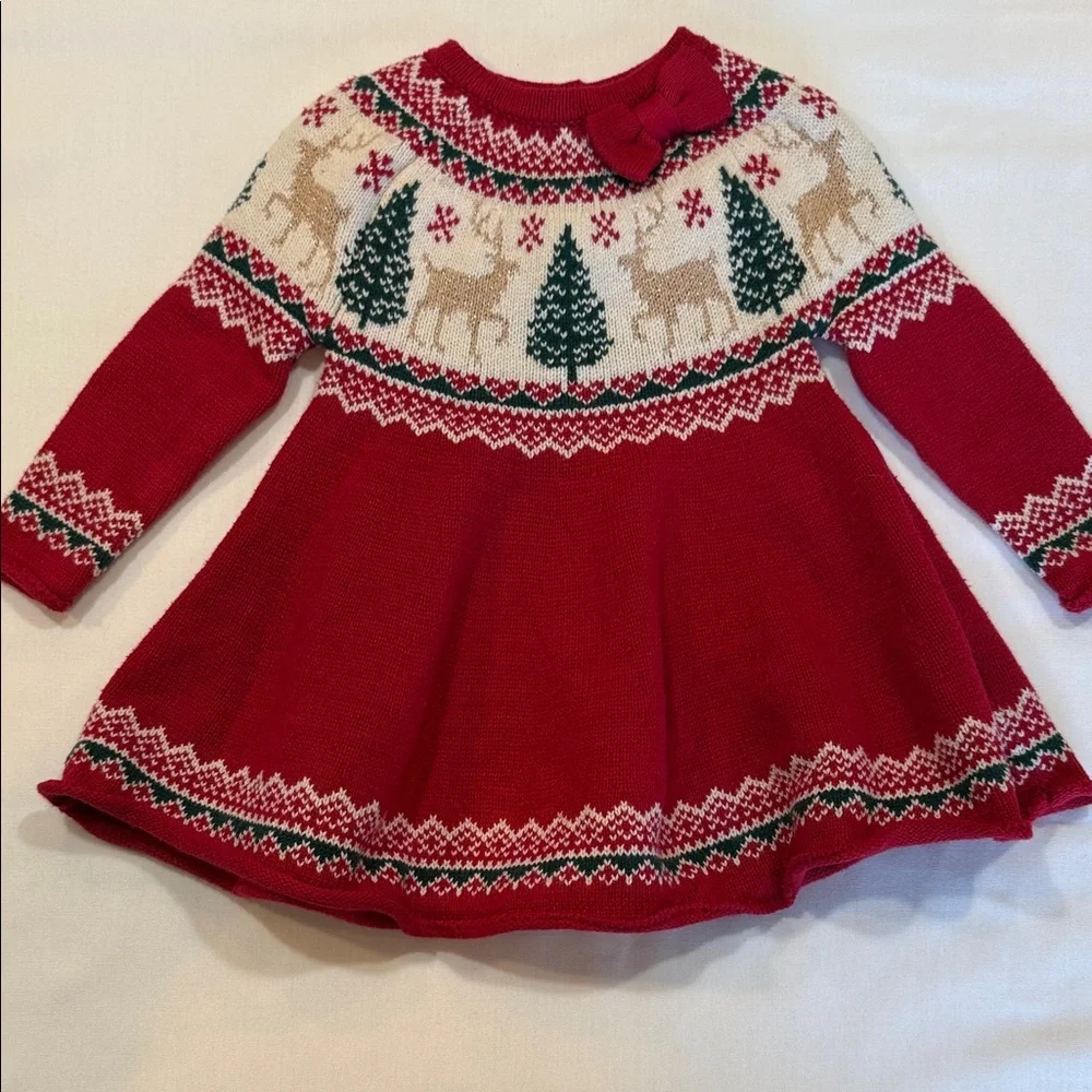 Adorable Tahari Red and Cream Knit Christmas Dress Christmas Trees Reindeer 0-3m